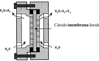 Figura 10: Corte esquemático de reator de EPS (PbO 2 /Nafion ® ) extraído de Stucki et al.,  (1985)