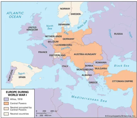 Figura 1 Mapa dos Aliados e os Poderes Centrais durante a Primeira  Guerra Mundial. Fonte: (Encyclopædia Britannica s.d.)