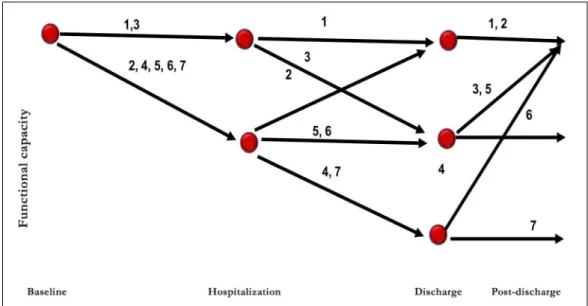 Figure 1. Trajectories of the functional capacity of the sample of elderly patients hospitalized at the HCFMB,  São Paulo, 2016.
