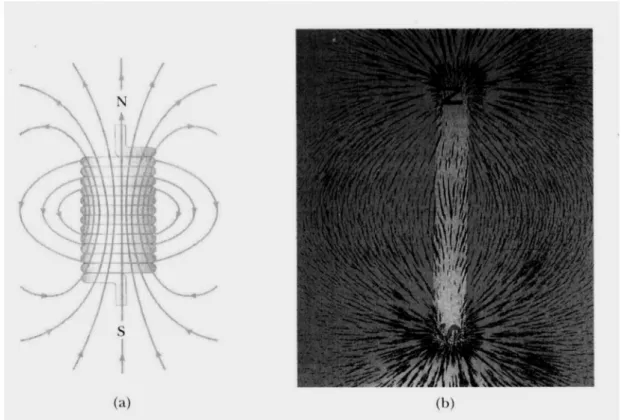 Figura  4.1  -  a)  Linhas  de  campo magnético  para  um  solenoide  e  b)  Campo  magnético  de  uma barra imantada (SERWAY, JEWETT, 2008)