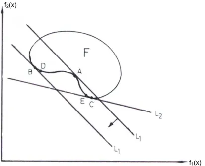 Figura 3.3 - Interpretação geométrica do Método de Ponderação dos Objetivos – Caso Não -  Convexo