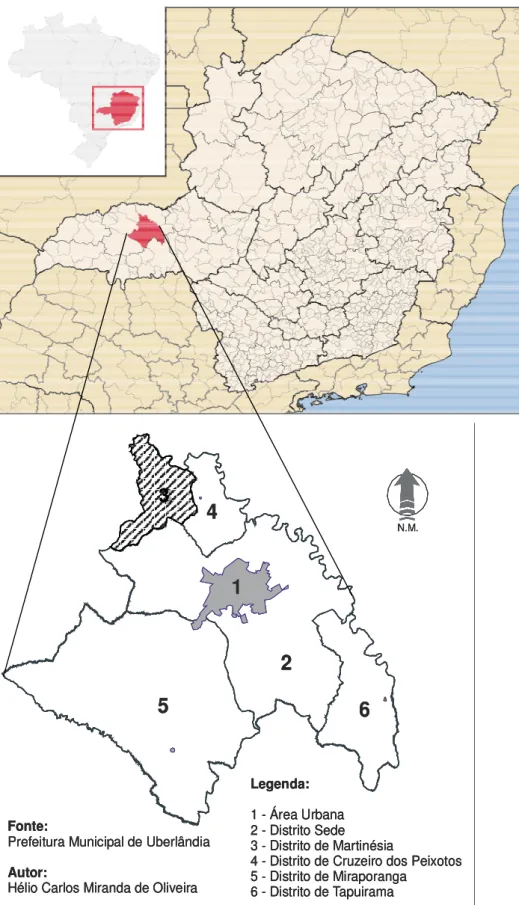 Figura 1 – Mapas do Brasil, Minas Gerais, Município de Uberlândia e a divisão de seus distritos, com o Distrito de  Martinésia hachurado