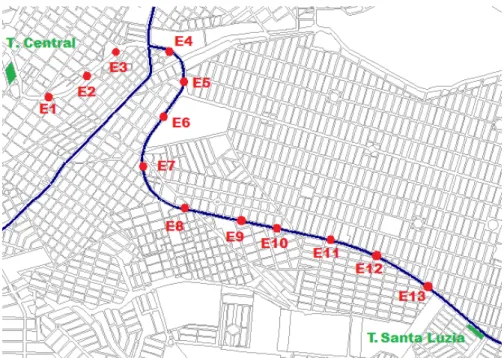 Figura  8  –  Esquema  de  localização  das  estações  do  corredor  de  ônibus  da  Avenida  João  Naves de Ávila, Uberlândia – MG 