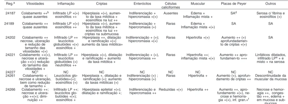 Fig. 3. Leve infiltração inflamatória mononuclear, com presen- ça de leucócitos globulóides, entre criptas ilíacas prolifera-das