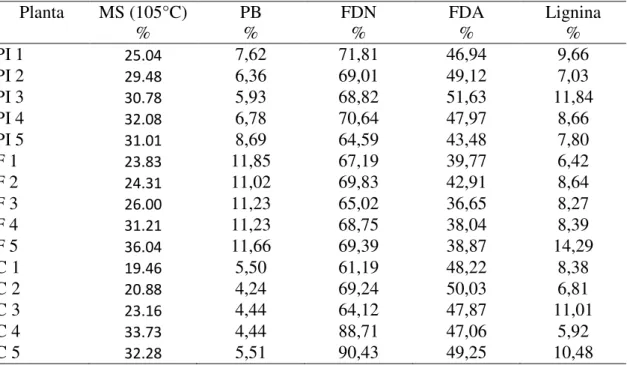 Tabela 5. Composição bromatológica do  Panicum  maximum cv. mombaça, na planta inteira  (PI), folha (F) e colmo (C), por ciclo de pastejo, consumido  pelos  bubalinos experimentais,  entre maio e outubro de 2009