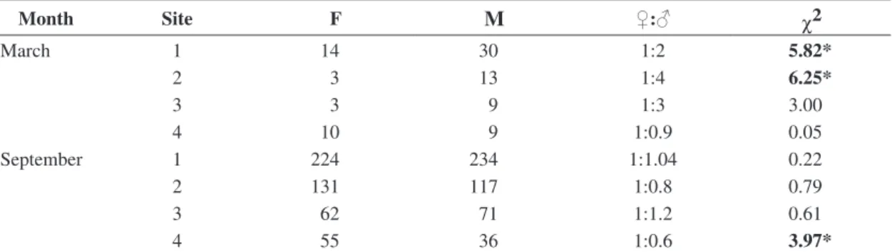 Table 2. Number of male (M) and female (F) Amazon river shrimps caught at sampling sites in Guajará Bay (pooled sites)  in September 2006 and March 2007.