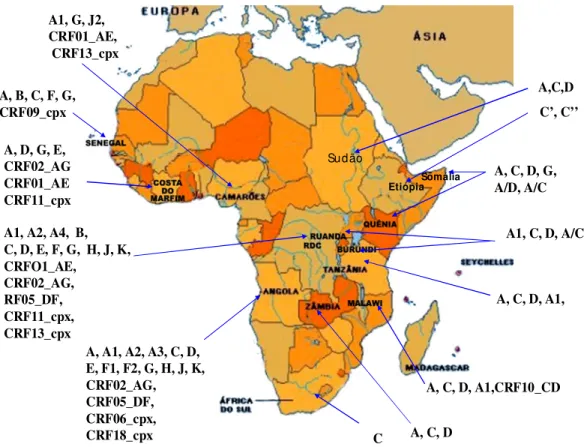 Figura 5 – Distribuição geográfica dos subtipos e das formas recombinantes circulantes  do HIV-1 na África (Adaptado de Peeters et al., 2003)