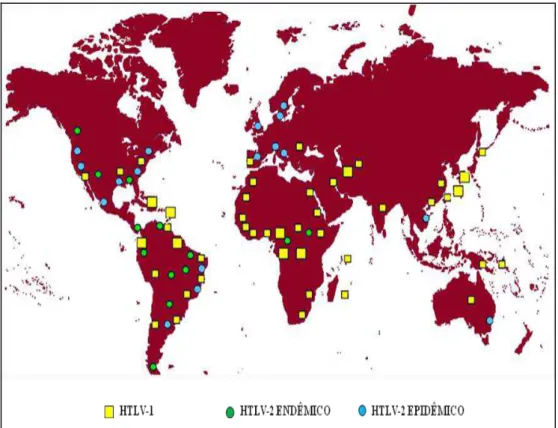 FIGURA 1  –  Distribuição geográfica mundial do HTLV-1 e do HTLV-2. 