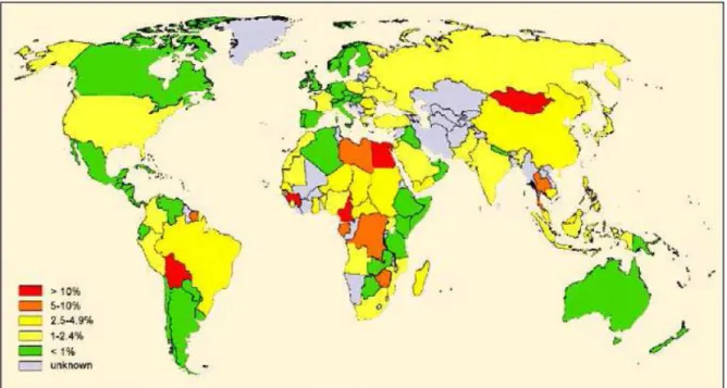 Figura 3  –  Prevalência mundial de Hepatite C ( WHO, 2000 apud PERONE, 2007)