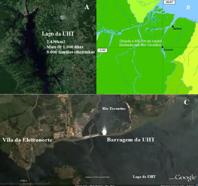 Figura  9:  A:  Imagem  por  satélite  da  área  do  lago  da  UHT.  B:  Localização  do  município  de  Tucuruí