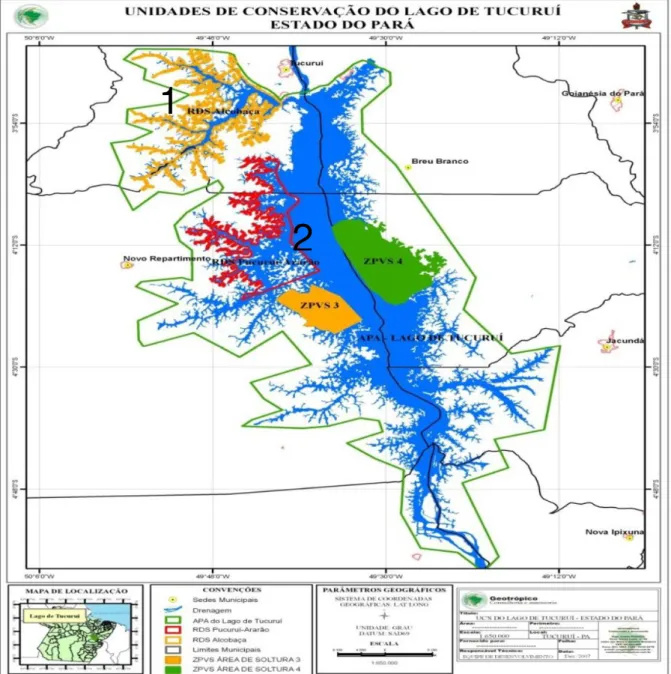 Figura 10: Mapa de localização das RDS estuda. 1: RDS Alcobaça. 2: RDS  Pucuruí-Ararão