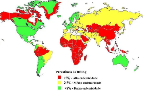 Figura 2.6: Distribuição geográfica da infecção crônica pelo VHB (Adaptado do CDC - Centro de Controle de Doenças e Prevenção).