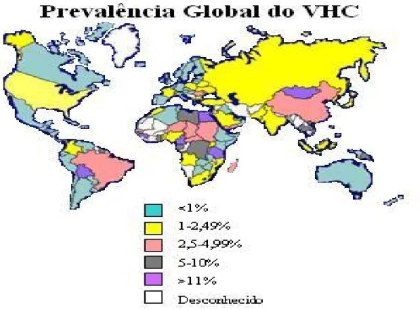 Figura 2.10: Distribuição geográfica da infecção pelo VHC (Adaptado de www.who.int/csr/disease/hepatitis).
