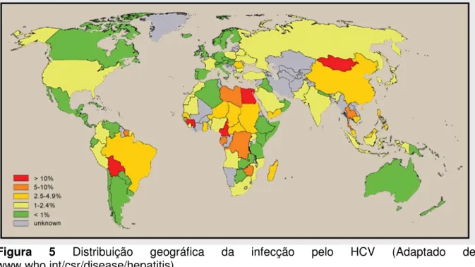 Figura  5  Distribuição  geográfica  da  infecção  pelo  HCV  (Adaptado  de  www.who.int/csr/disease/hepatitis)
