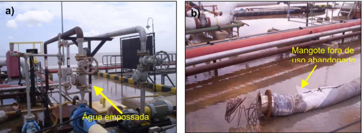 Figura 8 - (a) Acumulo de água entre os equipamentos de transferência de óleo  combustível; (b) mangote abandonado no píer