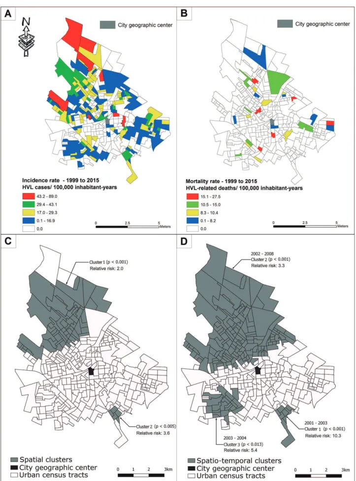 FIGURE 4: Incidence (A) and mortality (B) rates by age-adjusted HVL cases according to census tracts, spatial cluster (C), and spatio-  temporal cluster (D), controlled by census tract population and age distribution; urban area of Araçatuba,  São Paulo St