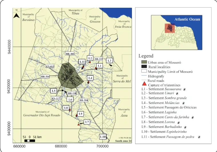 FIGURE 1: Mapping of rural localities of Mossoró, Rio Grande do Norte with triatomine capture history between 2008 and 2012, highlighting localities with  active entomologic capture of triatomines and infection by Trypanosoma cruzi.
