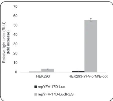 FIGURE 3: Evaluation  of  the  trans-packaging  capacity  of  the  HEK293- HEK293-YFV-prM/E-opt  cell  line