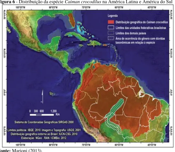 Figura 6 - Distribuição da espécie Caiman crocodilus na América Latina e América do Sul 