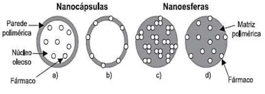 Figura 4: Estruturas das nanocápsulas e nanoesferas poliméricas (SCHAFFAZICK et al., 2003)