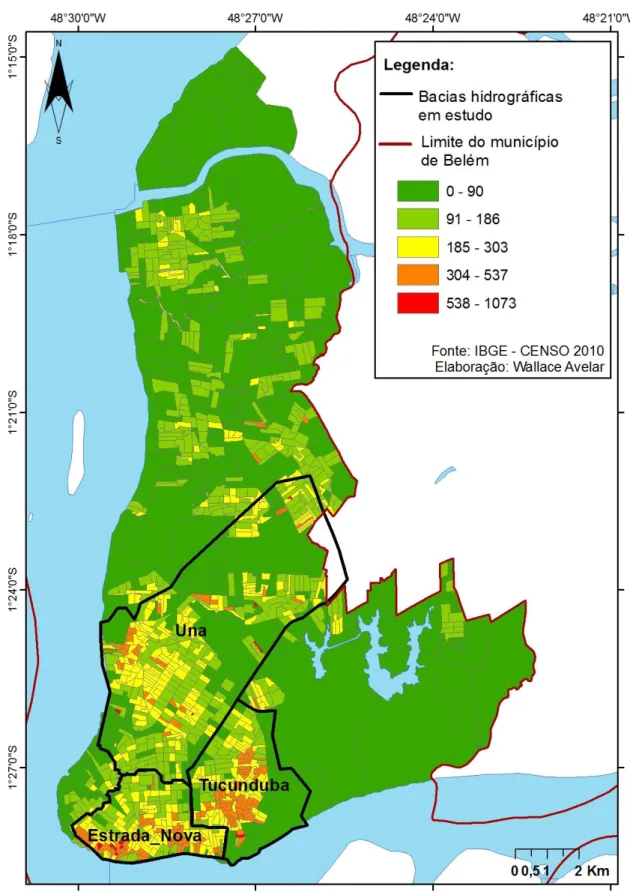 Ilustração  2  - Mapa  da  densidade  demográfica  bruta  (hab/ha)  do  município  de  Belém,  áreas  mais  densas  ficam  localizadas  em  baixadas,  sobretudo  na  bacia  da  Estrada  Nova  e  Tucunduba