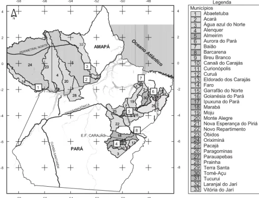 Figura 1: Municípios e entorno de projetos de extração e transformação de minerais nos estados do Pará e Amapá.