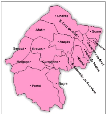 Figura 2 – Mesorregião Geográfica do Marajó   (com destaque para os municípios de Soure e Salvaterra)  Fonte: Pesquisa sócio-econômica da Vila do pesqueiro realizada   pelo SEBRAE (2006)  