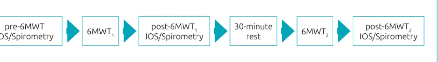 Figure 1 Flowchart of the sequence of procedures taken to evaluate repercussions of the six‑minute walk test on  respiratory mechanics and lung function in healthy schoolchildren.