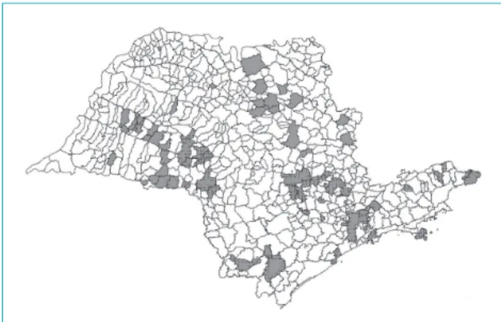 Figure 1 Distribution of the 75 São Paulo State  municipalities included in the study.