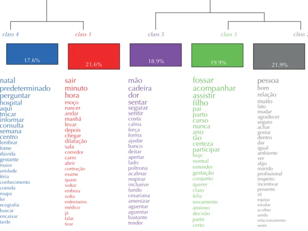 Figure 2 – Dendogram with the percentage of ECU in each class and words with greater chi-square (χ 2 ) provided by the IRAMUTEQ  software – Curitiba, PR, Brazil, 2015.