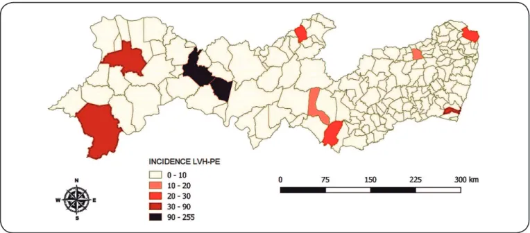 FIGURE 2: Incidence rates of human visceral leishmaniasis by municipality in Pernambuco, Brazil from 2006 to 2015