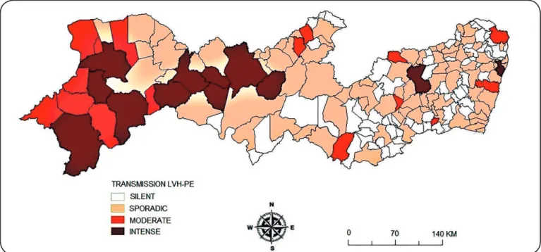 FIGURE 3: Municipalities classified according to human visceral leishmaniasis transmission in Pernambuco., Brazil from 2011 to 2015
