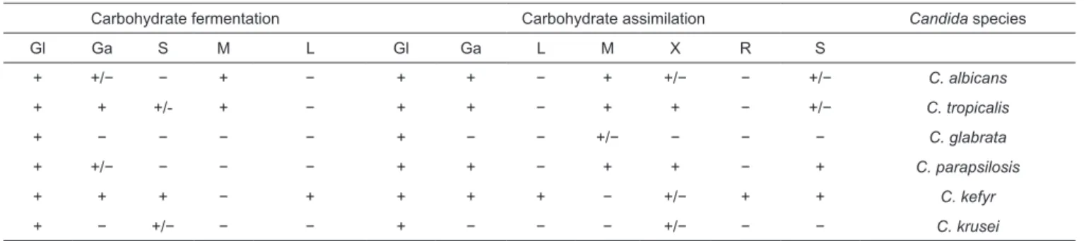 TABLE 1: Carbohydrate fermentation and carbohydrate assimilation test results of different Candida species.