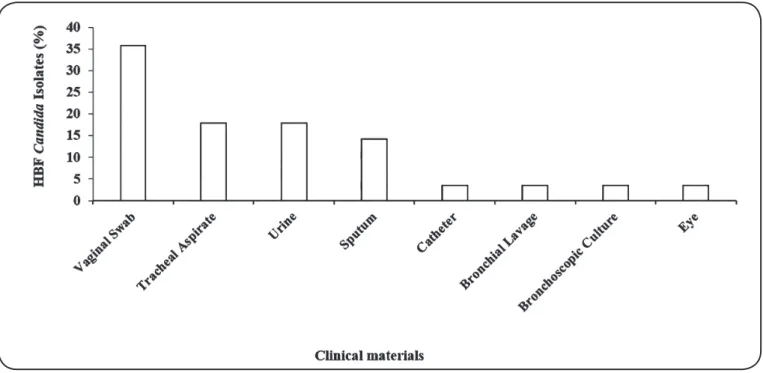 FIGURE 2: Distribution of HBF Candida isolates in different clinical materials (n = 28 isolates)