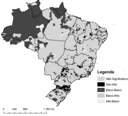 Figura 2. Lisa cluster map do indicador da atenção básica do PMAQ-AB. Brasil