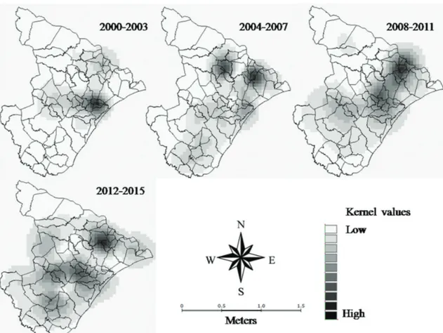 Figure 3 - Kernel maps showing suicide death rates in the state of Sergipe, Brazil, 2000-2015