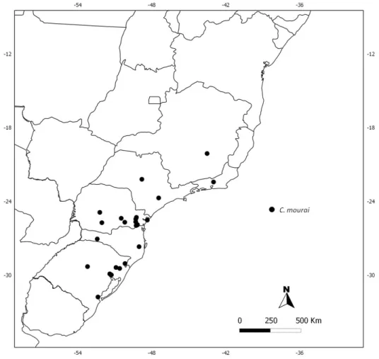 FIGURE  42.  Known  distribution  records  of  Corinna  mourai  in  Southeastern  and  Southern Brazil