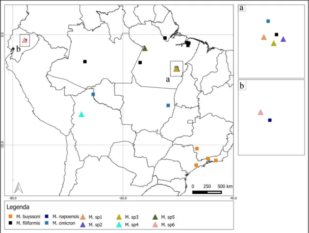 Figura 50. Mapa com a distribuição das espécies estudadas do grupo de espécies de M. 