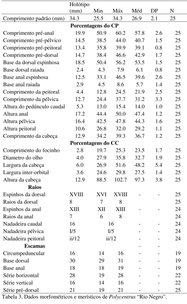 Tabela 3. Dados morfométricos e merísticos de Polycentrus “Rio Negro”.  