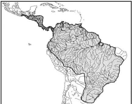 Figura 1. Mapa de distribuição dos Gymnotiformes (Campos-da-Paz &amp; Albert 1998). 