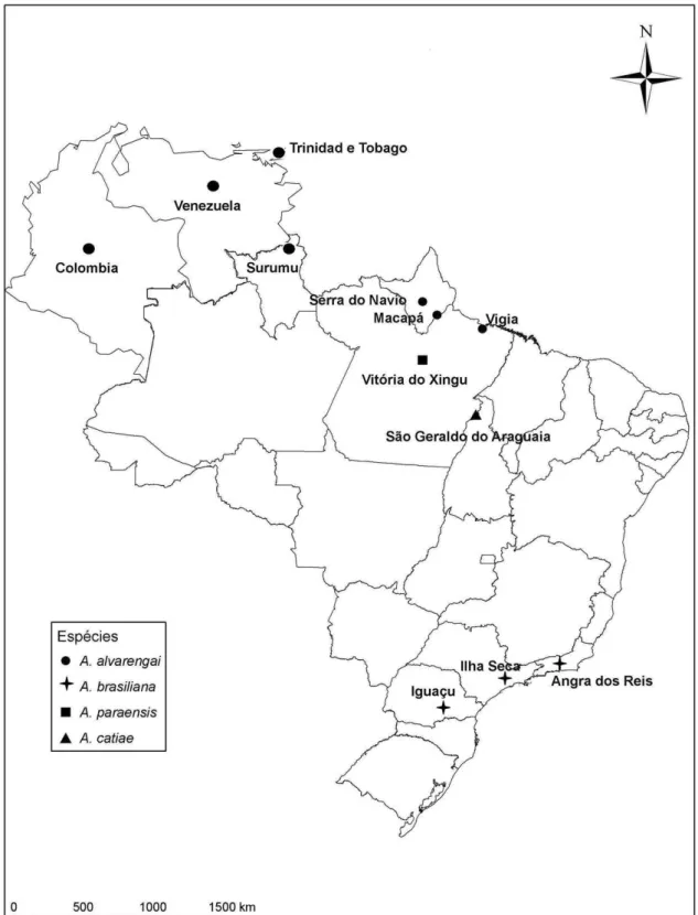FIGURA 108. Mapa de distribuição geográfica de quatro espécies de Argoravinia.  