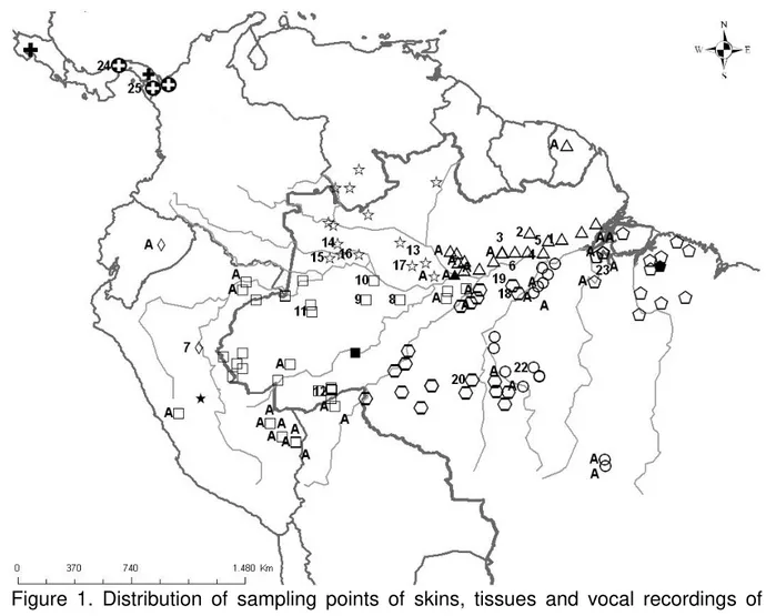 Figure  1.  Distribution  of  sampling  points  of  skins,  tissues  and  vocal  recordings  of  taxa grouped in  D