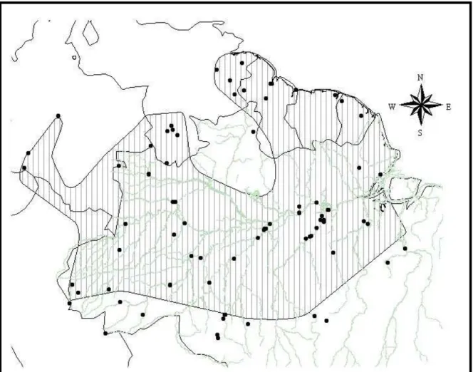Figura 1 – Distribuição geográfica da espécie biológica politípica Campylorhamphus  procurvoides de acordo Ridgely &amp; Tudor (1994); os pontos representam os espécimes  examinados durante este estudo (Apêndice 7.2)