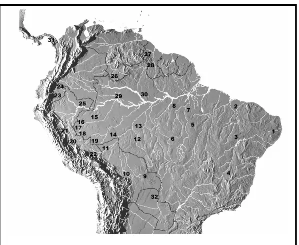 Fig. 2 – Localização geográfica dos espécimes de Campylorhamphus  seqüenciados (ver  Apêndice 7.1 para detalhes sobre as localidades e espécies)