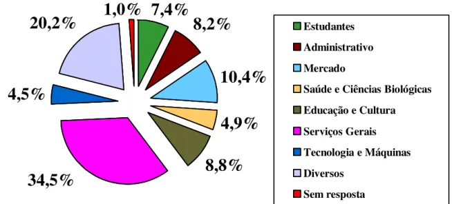 Figura 3. Percentual de Setor Profissional na Amostra8,2%10,4%4,9%8,8%4,5%20,2%1,0% 7,4%34,5% Estudantes AdministrativoMercado
