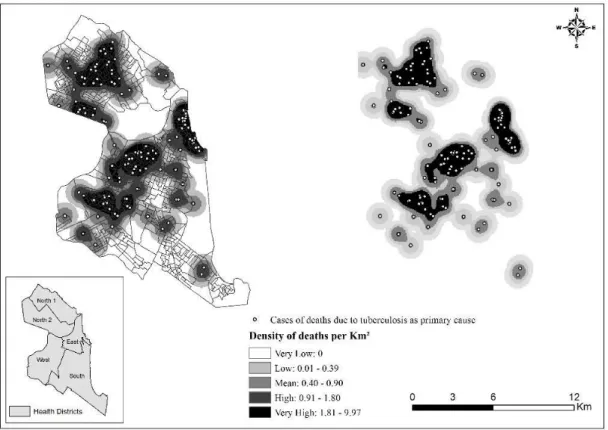 Figure 2. Density distribution of deaths for which tuberculosis was listed as the underlying cause, Natal, RN, Brazil,  2015