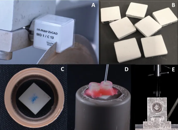 Figure 1. For the samples preparation, the pre-sintered YTZ-P zirconia blocks were sliced with a thickness of 2mm (A)