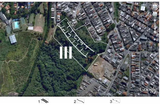 Figura 11 - Situação da Cava IV –Parque Anhangüera, em imagem Google Earh. (1)  Cava; (2) Proposta de área para medidas de preservação ou tombamento.