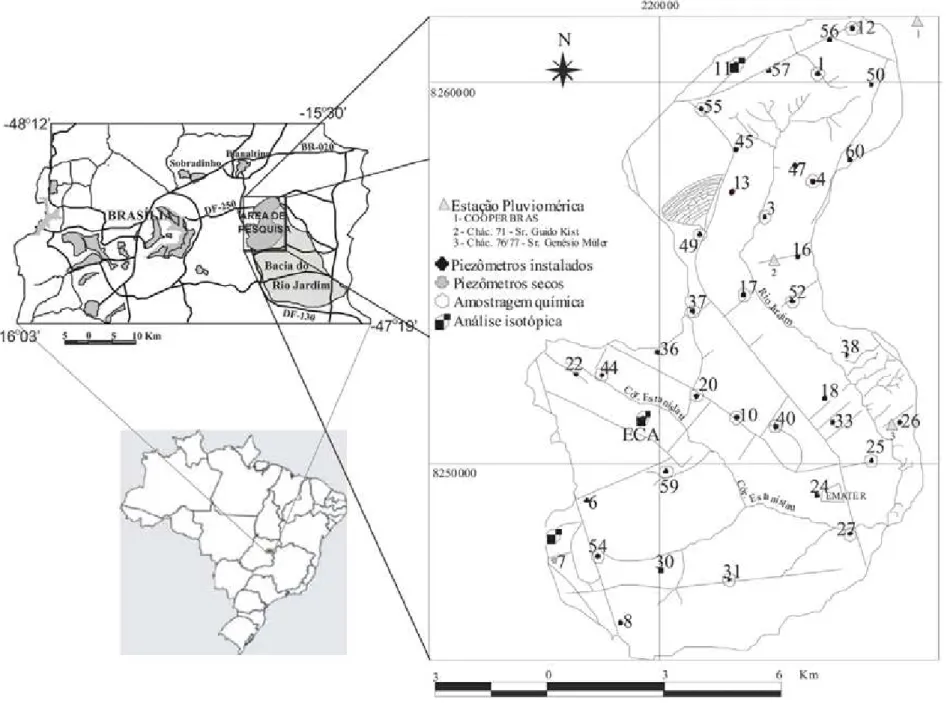 Figura 1 - Mapa de localização regional da bacia do Rio Jardim. Localmente o posicionamento dos pontos de coleta para análises isotópicas.