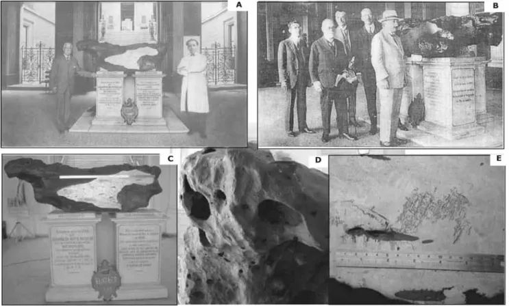 Figura 2 - Fotos do meteorito Bendegó no Museu Nacional, Rio de Janeiro. (A) Sr. José Carlos de Carvalho (à  esquerda), chefe da expedição 1887-1888, ao lado do diretor do Museu Nacional Prof